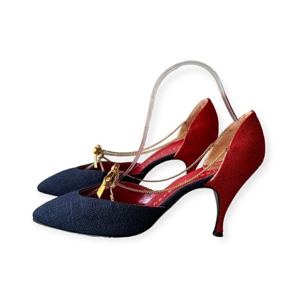 Vintage Herbert Levine Red & Navy D'Orsey Pumps with Gold Chain & bow trim, 7.5B - Picture 5 of 16